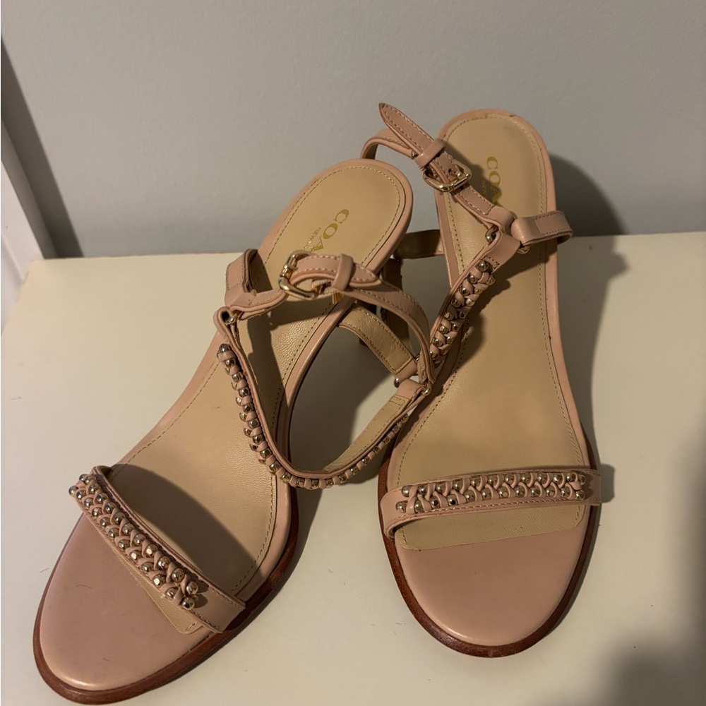 Coach Beige Gold Studded Sandals with 3.5” heels and ankle straps size 7